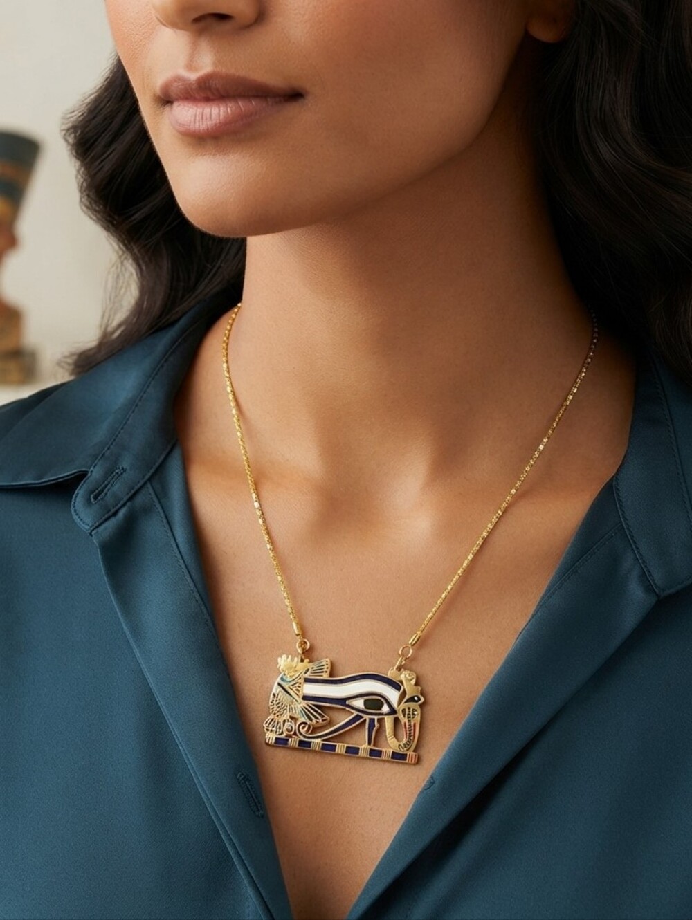 ​Vintage Egyptian Revival Eye of Horus Pendant Necklace Gold Tone Enamel Amulet